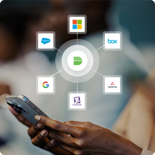 Phone in hand beneath connected icons for Microsoft, Salesforce, Box, Google, Asana, and Datadog around a central logo