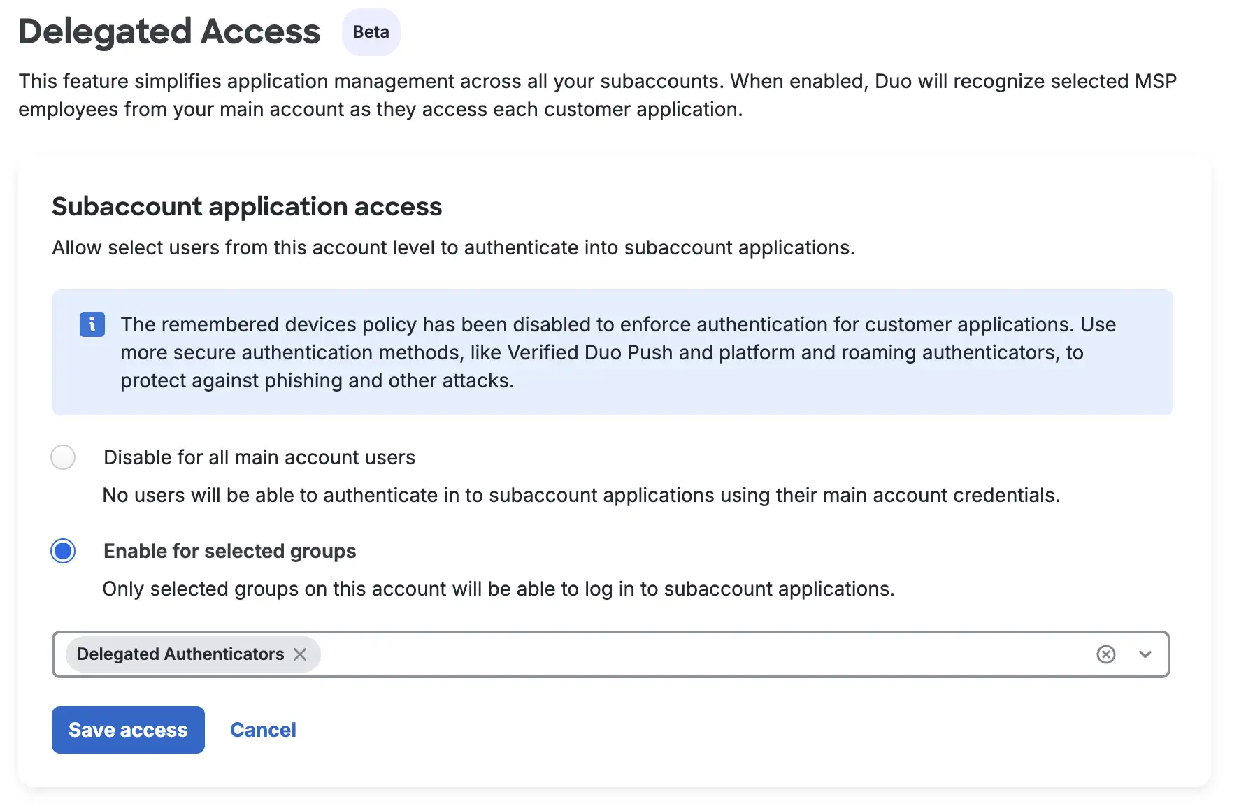 Duo Delegated Access feature interface