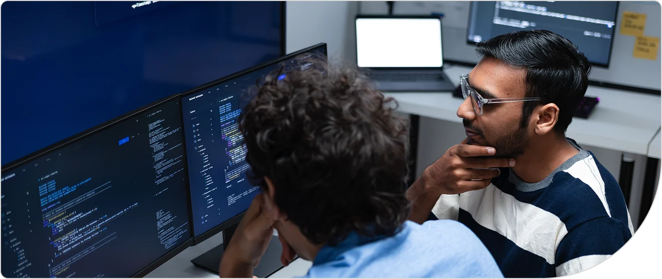 Two looking at 2 computer monitors, thinking about the content on-screen