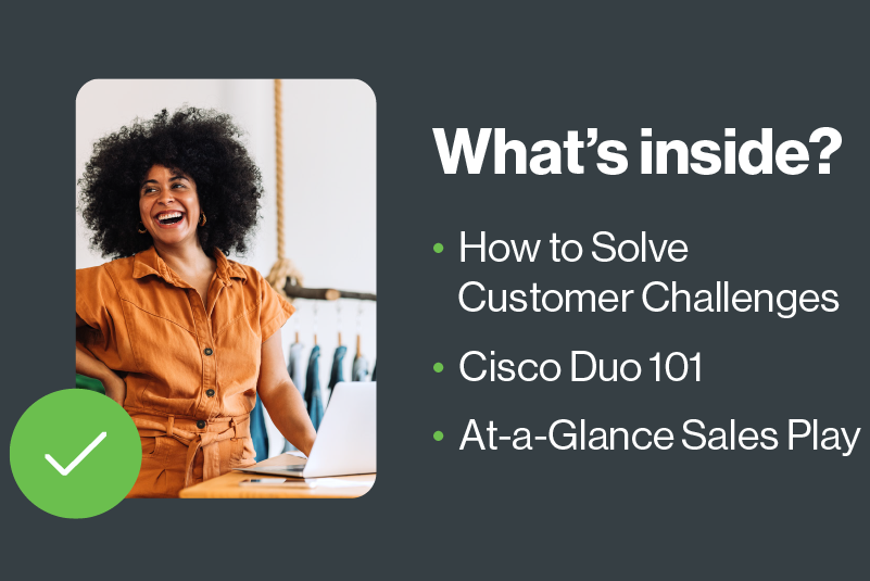 What's inside? How to Solve Customer Challenges, Cisco Duo 101, At-a-glance Sales Play. Image: Woman smiling while working on laptop.
