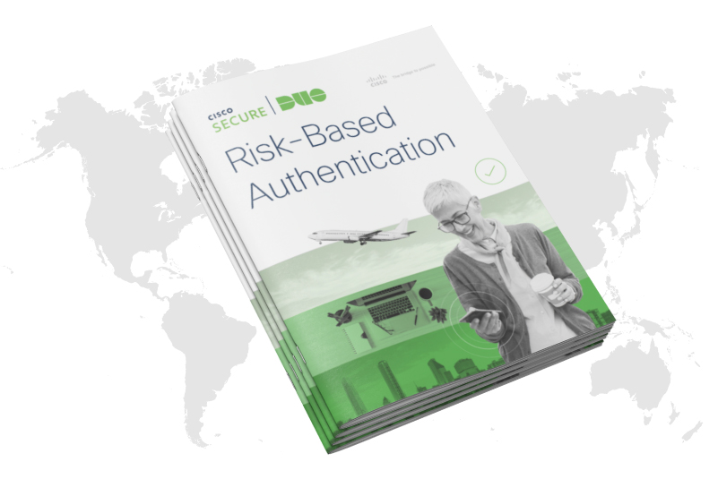 A map of the world with a stack of four of the Risk-Based Authentication ebooks over it