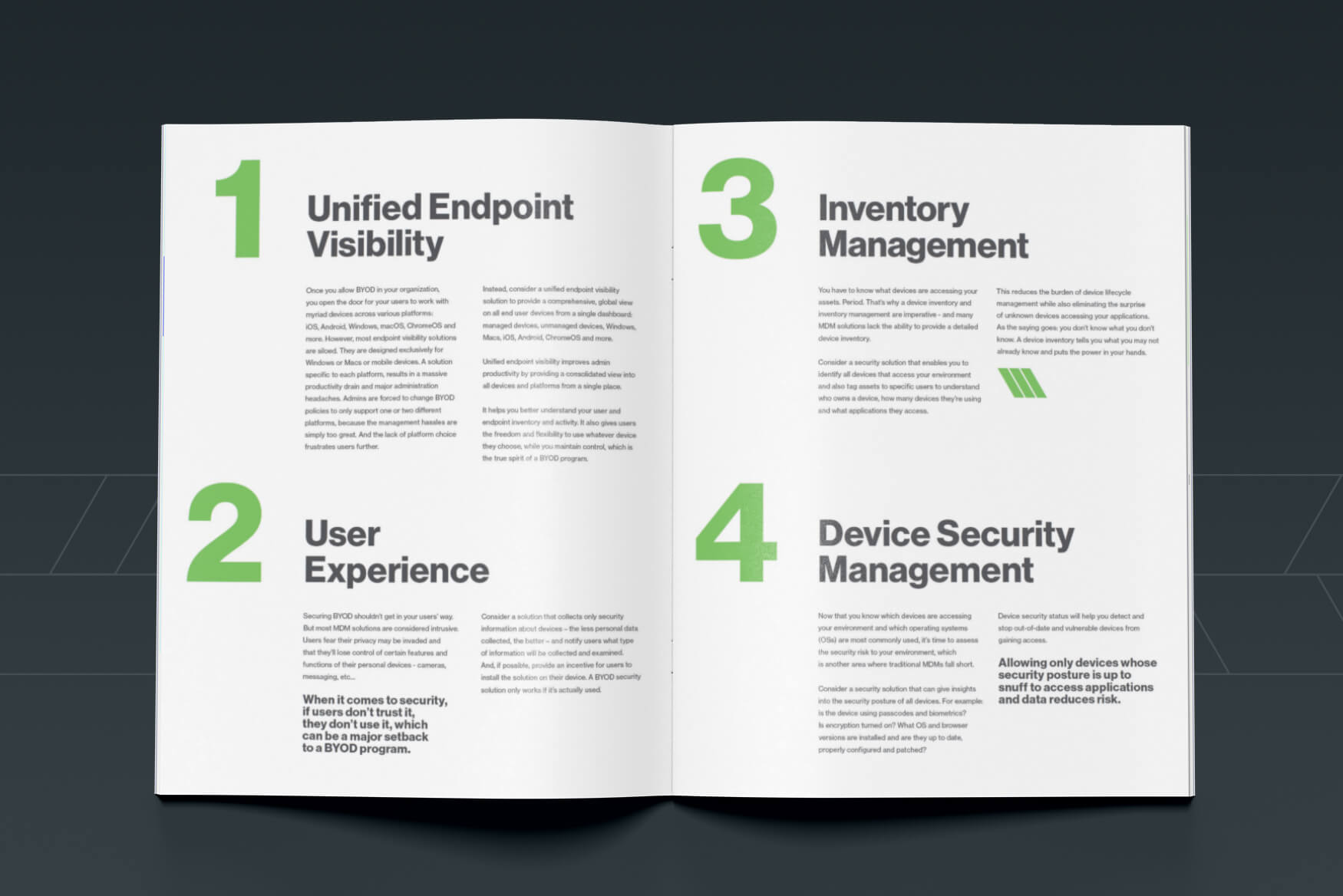 Pages with headers: 1. Unified Endpoint Visibility, 2. User Experience, 3. Inventory Management, 4. Device Security Management.