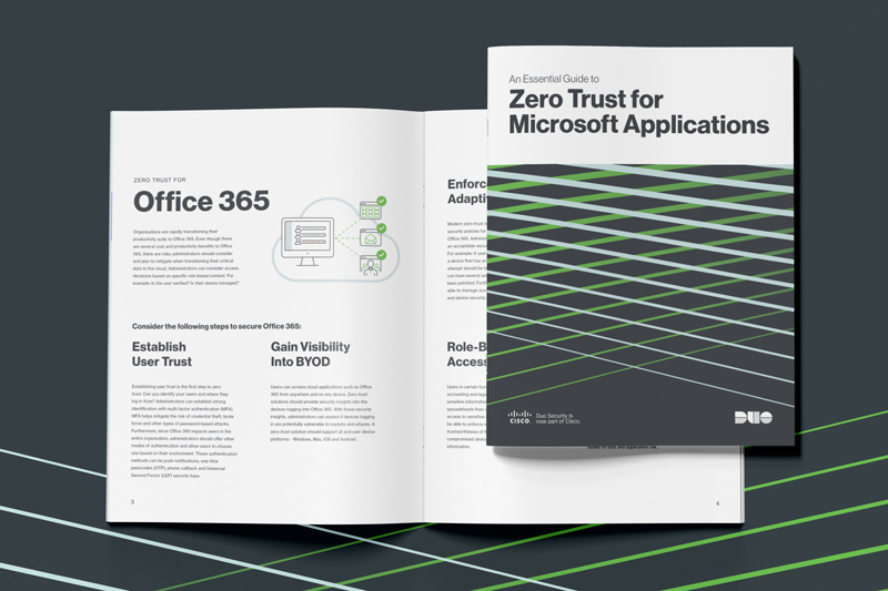 Cover: Zero Trust for Microsoft Applications; page with headers Office 365, Establish User Trust & Gain Visibility into BYOD.