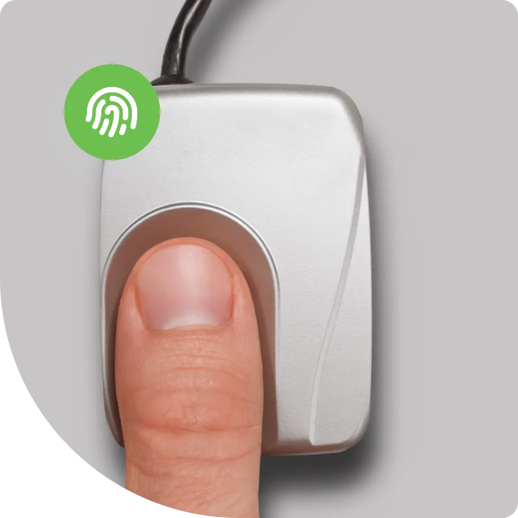 Fingerprint scanner with Access secured notification, demonstrating FIDO biometric authentication in action