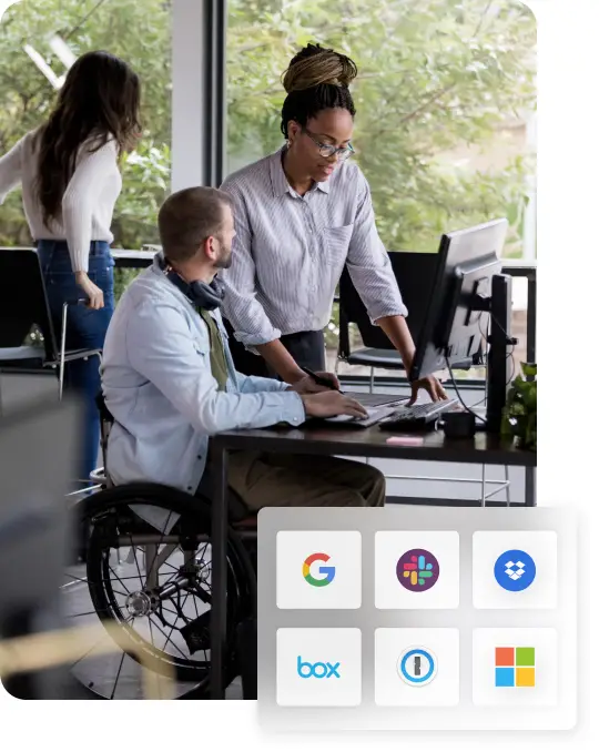 Workers in bright, modern office discuss cloud application security. Graphics in a box show logos for Microsoft, Google, Box and others.