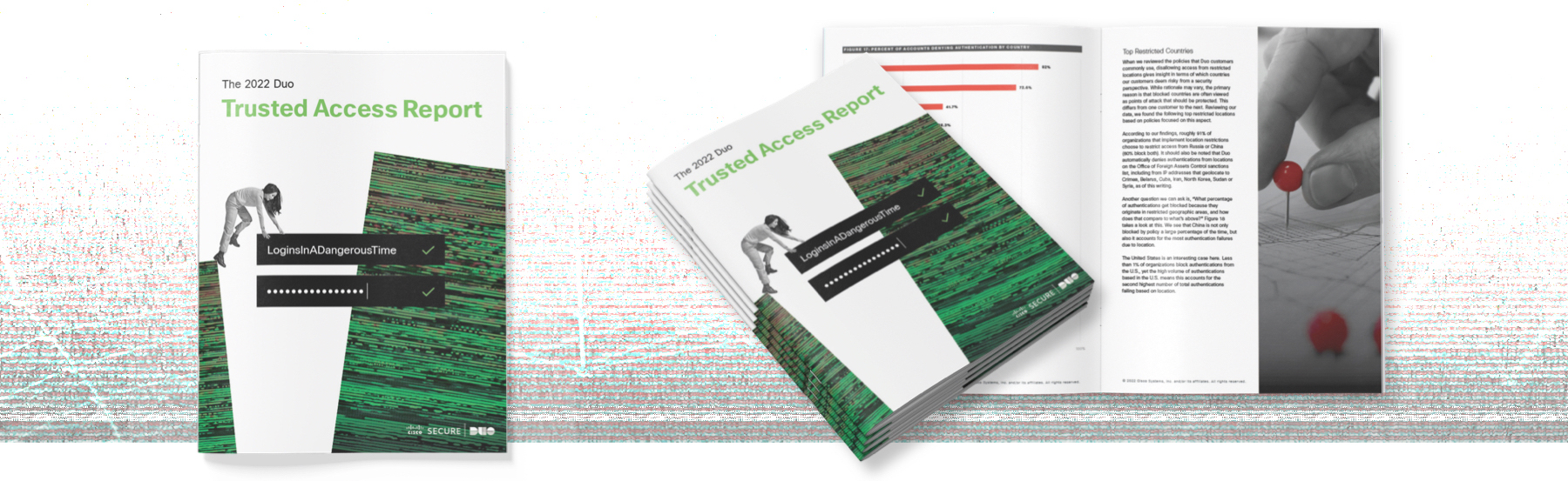 Cover of The 2021 Duo Trusted Access Report and the report open to a page titled Democratizing Security.