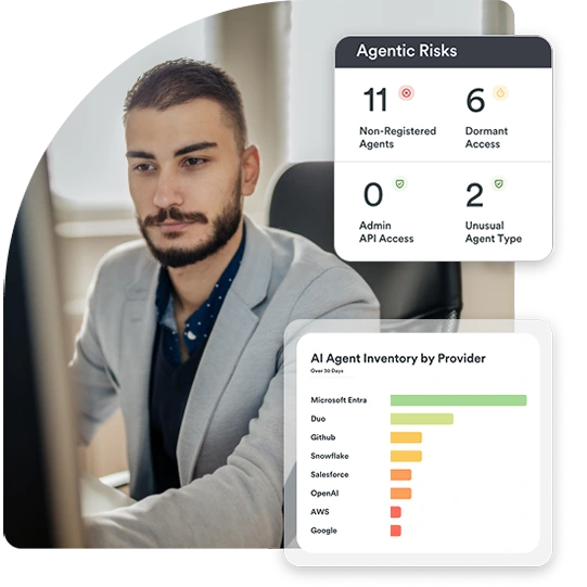 Dashboard showing agentic risk counts and an AI agent inventory chart by provider