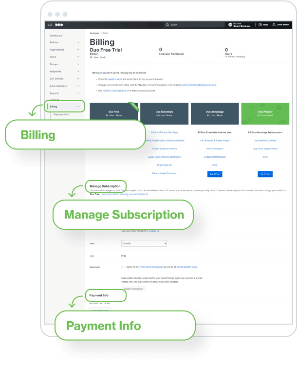 Screenshot of Billing page with callouts: billing, manage subscription and payment info