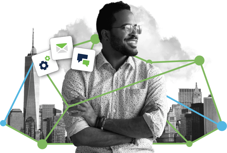 A smiling Cisco Duo customer stands in front of a city skyline, with messaging, email and settings icons hovering nearby.