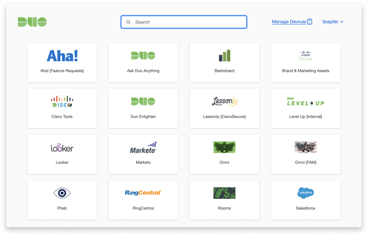 Duo Central dashboard, a cloud-hosted portal to access Duo Single Sign-On applications, bookmarks and device management.