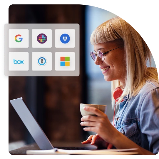 Person on a laptop with icons for Google, Dropbox, Box, 1Password, and Microsoft