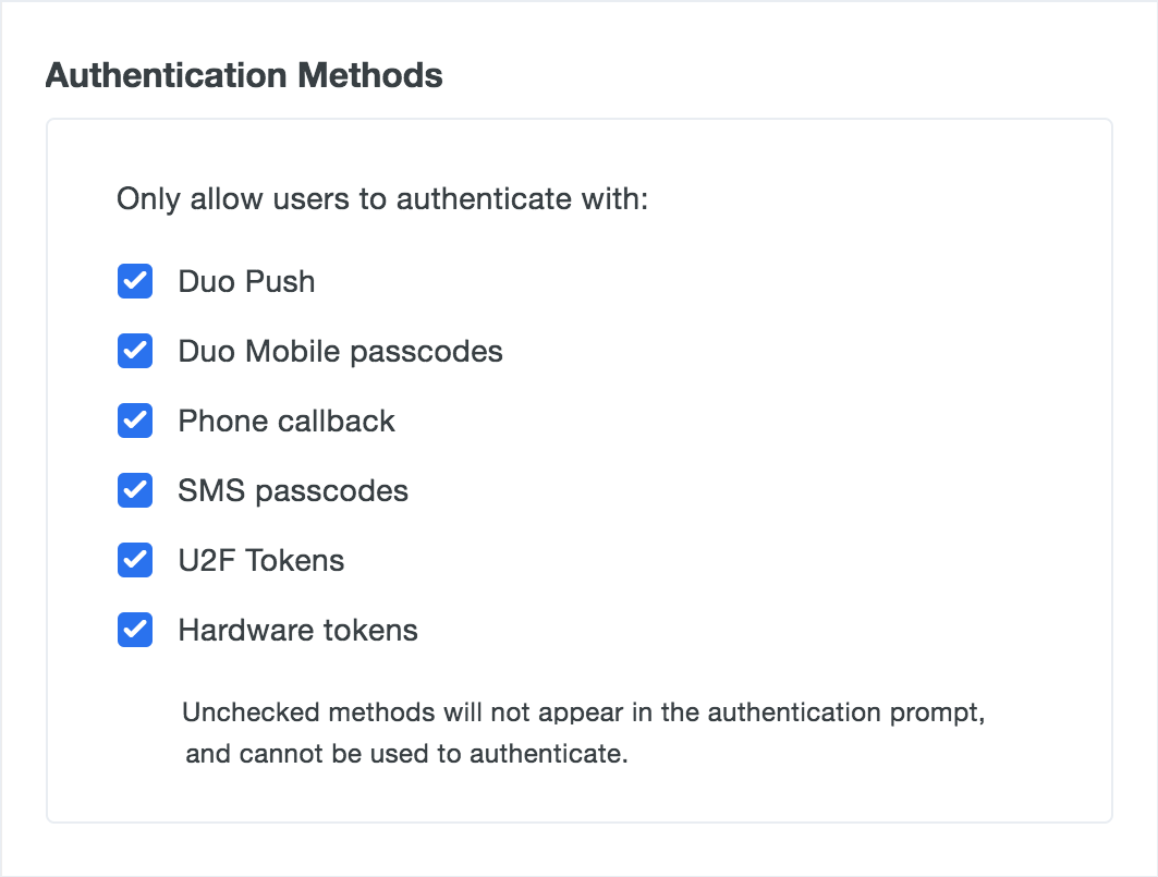 Duo Admin Panel - Permitted Authentication Methods