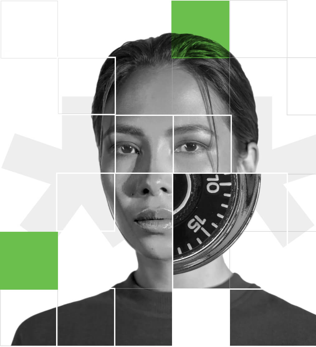 Image of a person's face with part of it represented by a time clock