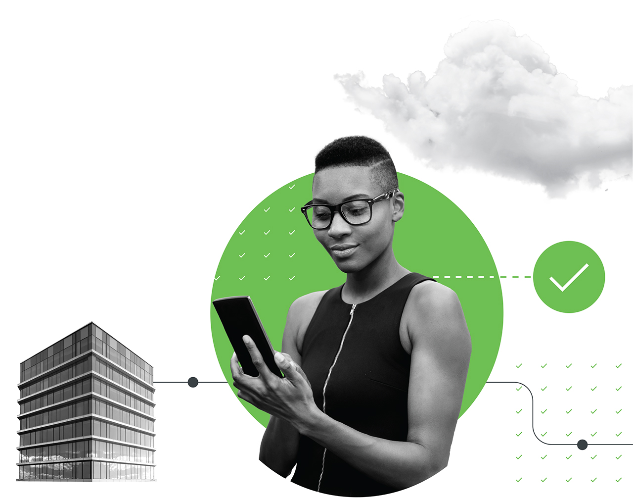 A collage with a flow from a building to a person in glasses holding a smartphone to a checkmark, with a cloud overhead