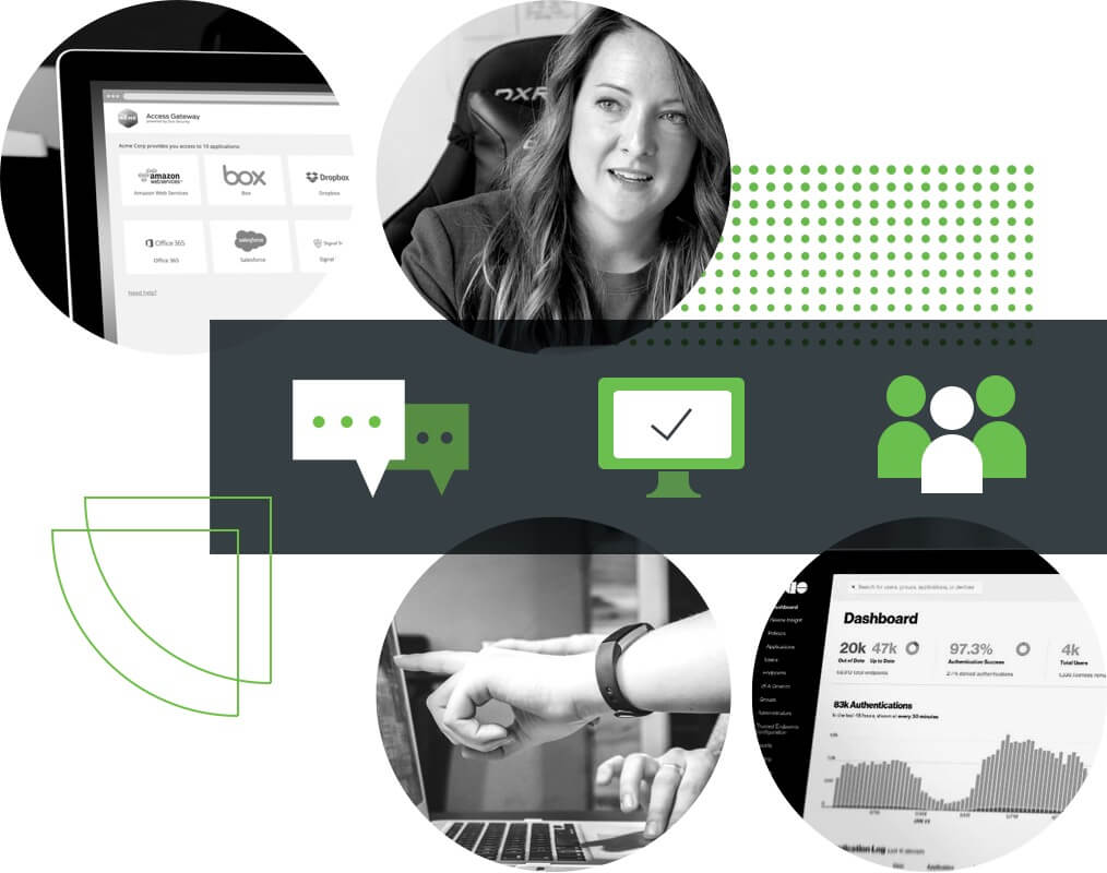 A few images of the vendor companies Duo integrates with along with an image of the Duo dashboard where admins can check the status of their Duo implementation.