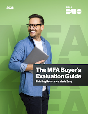 Man with laptop smiling and looking over shoulder on the cover of Duo&rsquo;s Multi-Factor Evaluation Buyer&rsquo;s Guide eBook