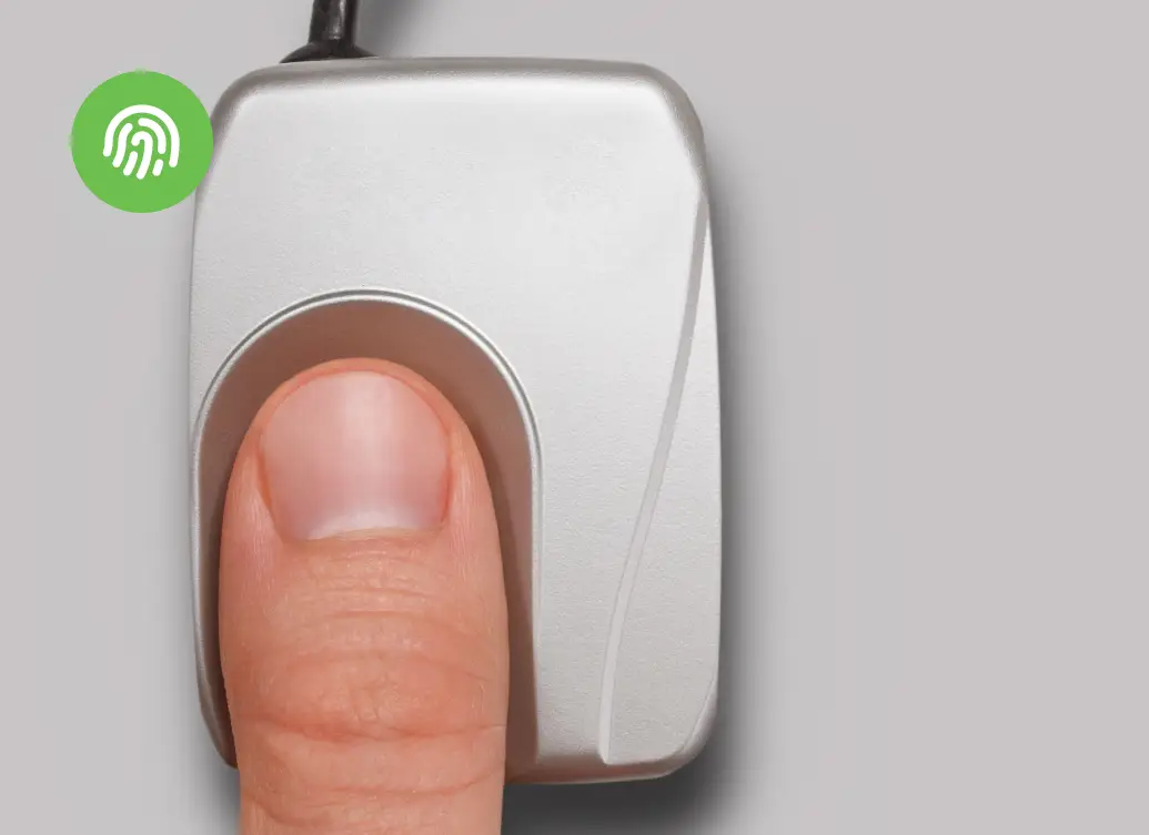 Fingerprint scanner with Access secured notification, demonstrating FIDO biometric authentication in action