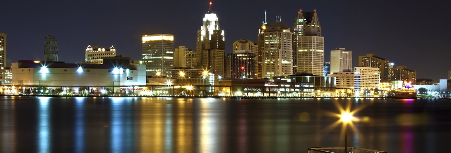 Detroit at night, the site of the 2014 Converge conference for professionals, developers & hackers in information security.