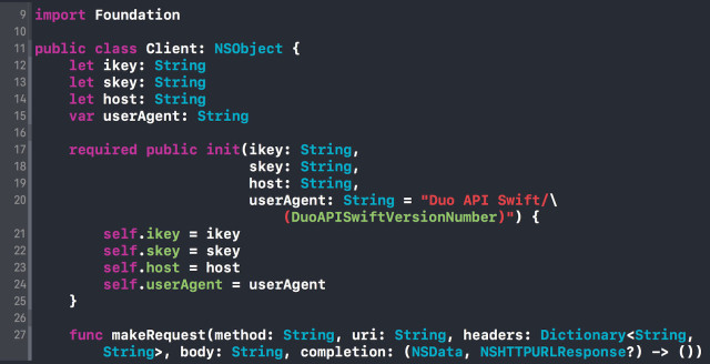 A page of code that includes the userAgent string Duo API Swift.