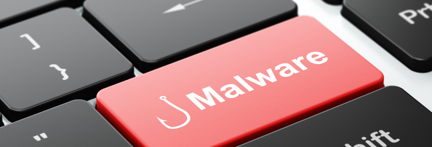A red keyboard key reads Malware and sports an image of a fishing hook.