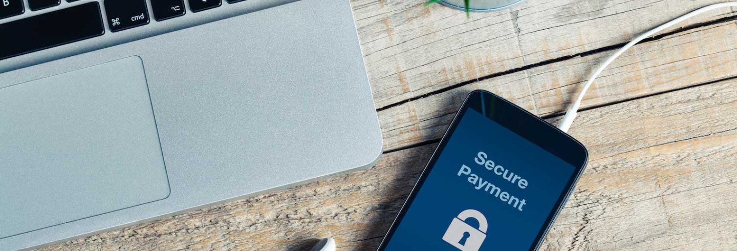 A device reads Secure Payment: pay now, a transaction affected by the Payment Card Industry Data Security Standard (PCI DSS).