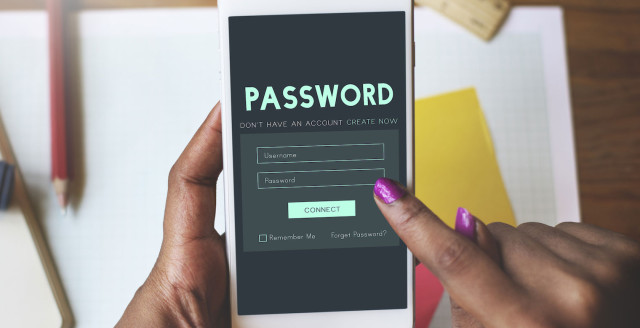 A smart phone displays a password page, ready for the user's credentials.