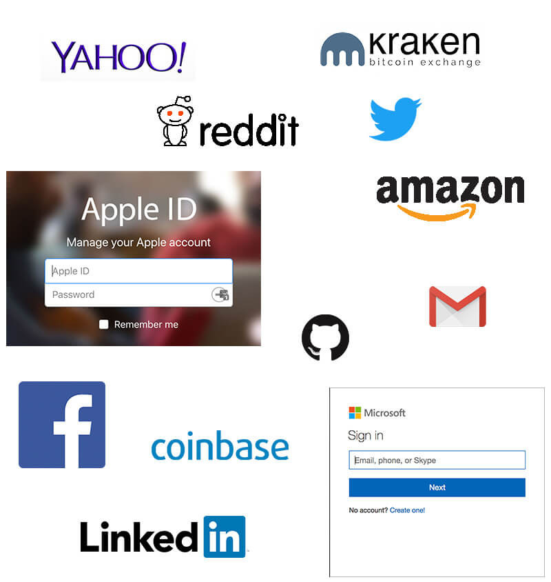 Logos of online services and websites that offer account recovery features, including Amazon, Facebook, and LinkedIn