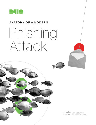 Cover of Duo's Anatomy of a Modern Phishing Attack guide, with a school of fish chasing a letter on a hook.