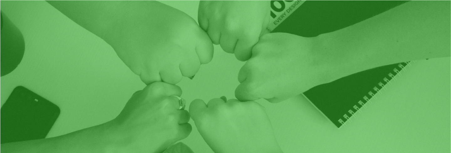 Stylized image of five hands fist bumping each other.