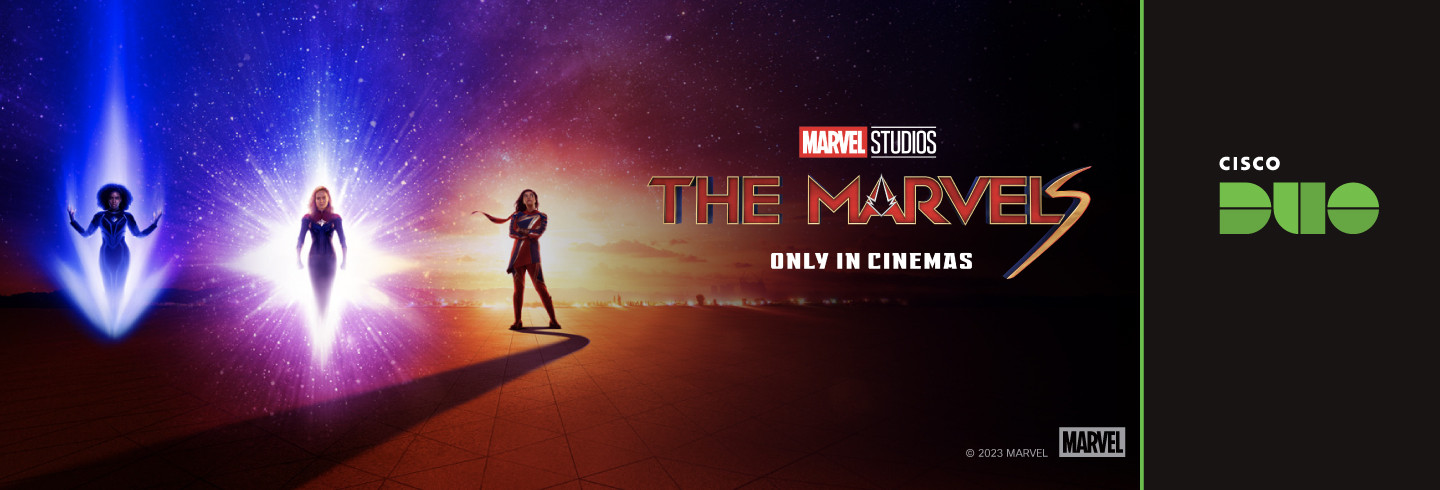 Captain Monica Rambeau, Captain Marvel and Ms. Marvel pose next to text that reads: The Marvels, Only in Cinemas