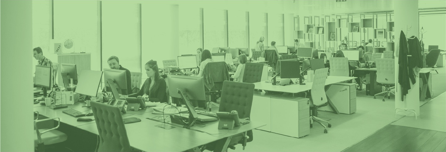 People working in an office, with a Duo green filter overlaying the image