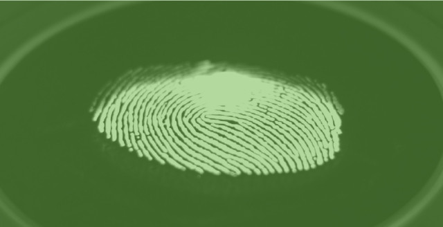 A fingerprint on a lighted screen, overlaid with a color filter of Duo green