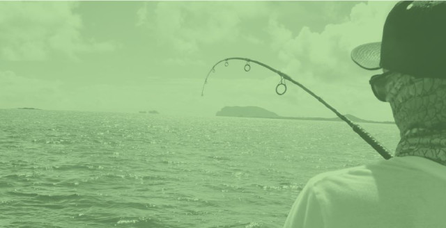 A man fishes, overlaid with a color filter of Duo green