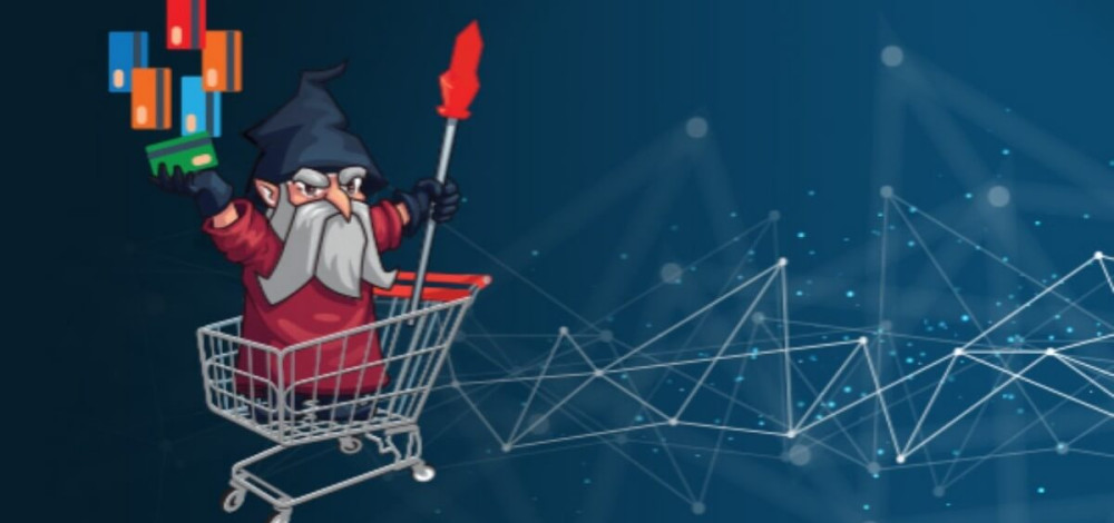 A mage juggling multiple credit cards while standing in a shopping cart against a blue backgrond, created by RiskIQ.