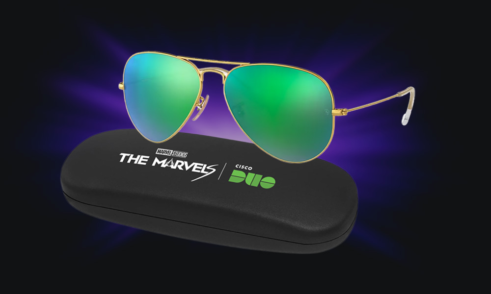 Aviator Glasses with The Marvels and Cisco Duo logos.